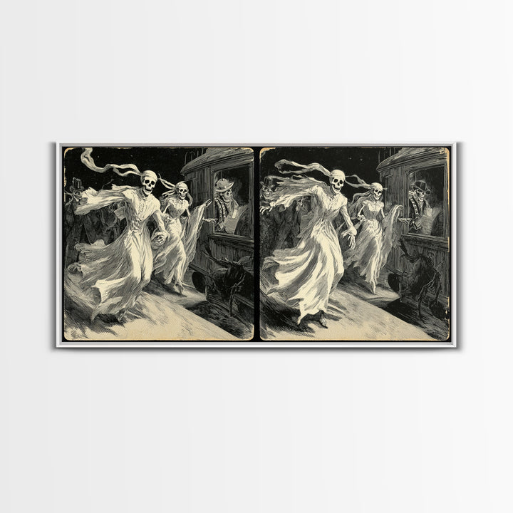 The Ghost Train Arrival, Macabre Folk Print Art, Wide Panoramic Art, Dark Fantasy Wall Art, Framed Canvas Print