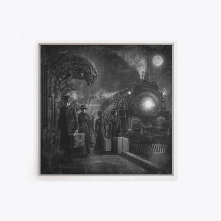 The Ghost Train Arrival, Biomechanical Horror Art, Square Wall Art, Dark Fantasy Wall Art, Framed Canvas Print, Halloween Wall Art