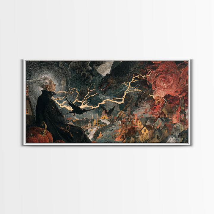 The Halloween Storm, Dark Renaissance Art, Wide Panoramic Art, Dark Fantasy Wall Art, Framed Canvas Print, Halloween Wall Art