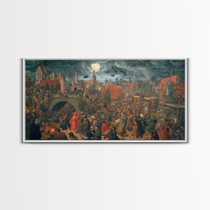 The Halloween Storm, Danse Macabre Art, Wide Panoramic Art, Macabre Wall Art, Framed Canvas Print, Halloween Wall Art