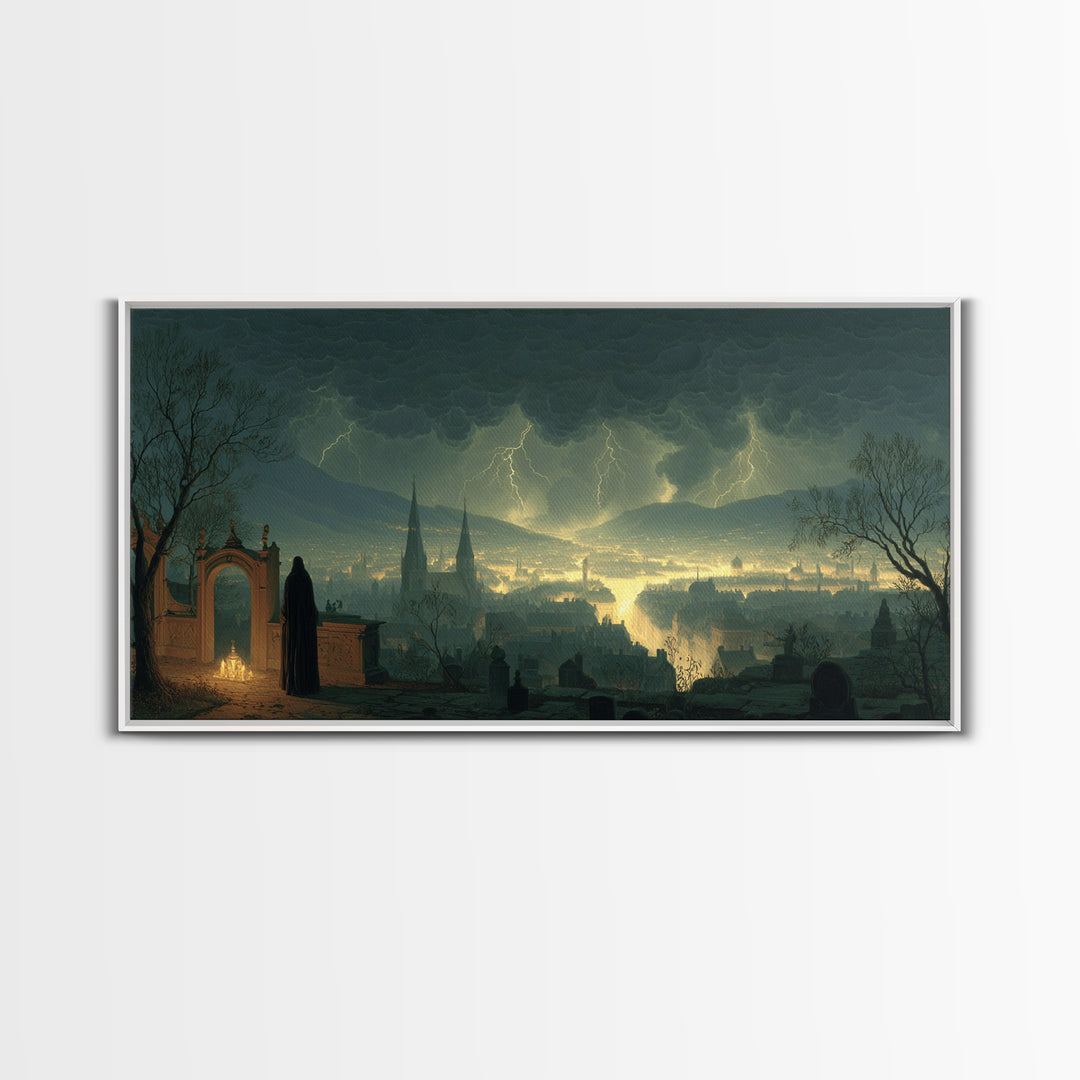 The Halloween Storm, Romantic Gothic Landscape, Wide Panoramic Art, Dark Halloween Decor, Framed Canvas Print, Halloween Wall Art