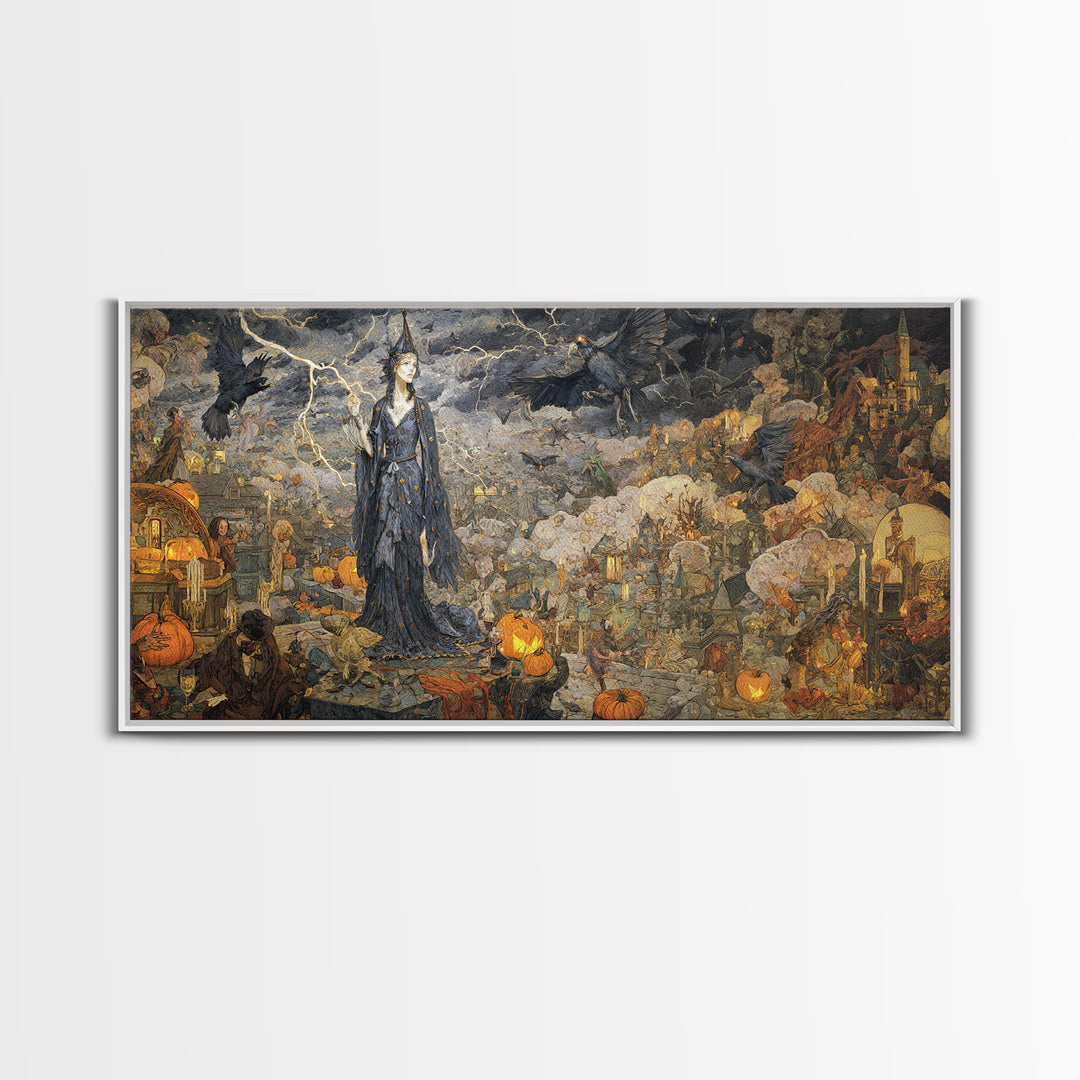 The Halloween Storm, Ornate Symbolist Art, Wide Panoramic Art, Macabre Wall Art, Canvas Print, Halloween Wall Art, Halloween Decor