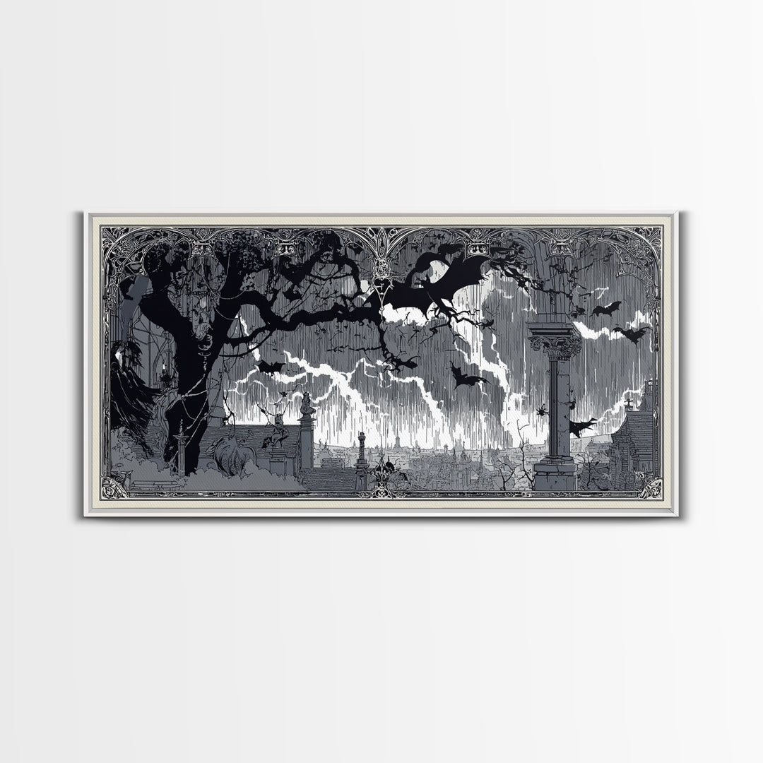 The Halloween Storm, Decadent Line Art, Wide Panoramic Art, Gothic Horror Wall Art, Framed Canvas Print, Halloween Wall Art