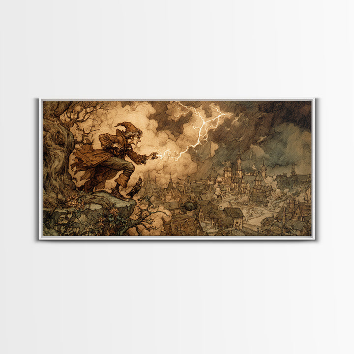 The Halloween Storm, Gothic Storybook Art, Wide Panoramic Art, Dark Fantasy Wall Art, Canvas Print, Halloween Wall Art