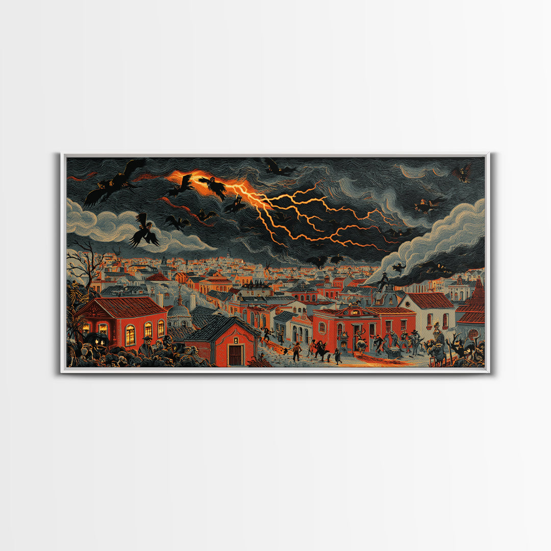 The Halloween Storm, Macabre Folk Print Art, Wide Panoramic Art, Dark Fantasy Wall Art, Framed Canvas Print, Halloween Wall Art