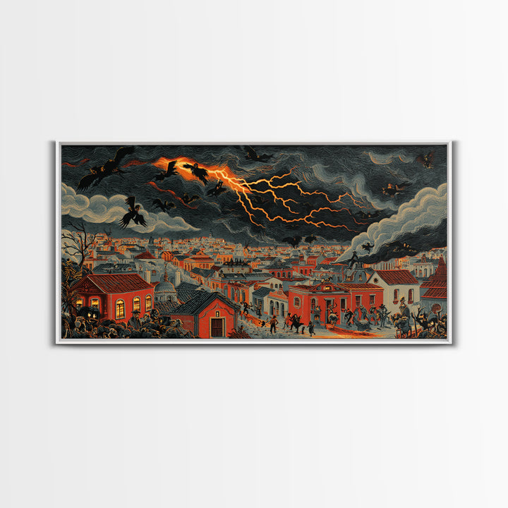 The Halloween Storm, Macabre Folk Print Art, Wide Panoramic Art, Dark Fantasy Wall Art, Framed Canvas Print, Halloween Wall Art