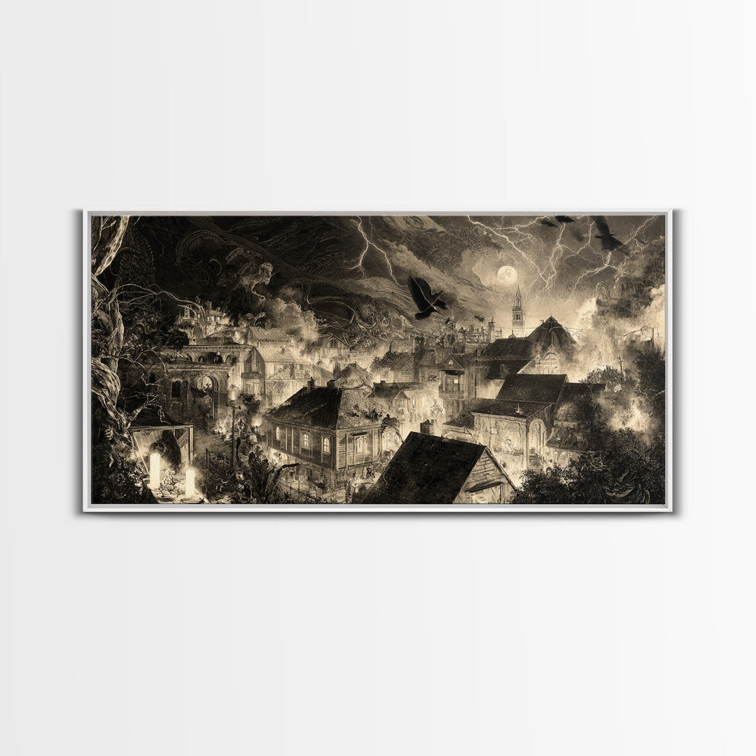 The Halloween Storm, Biomechanical Horror Art, Wide Panoramic Art, Dark Halloween Decor, Canvas Print, Halloween Wall Art
