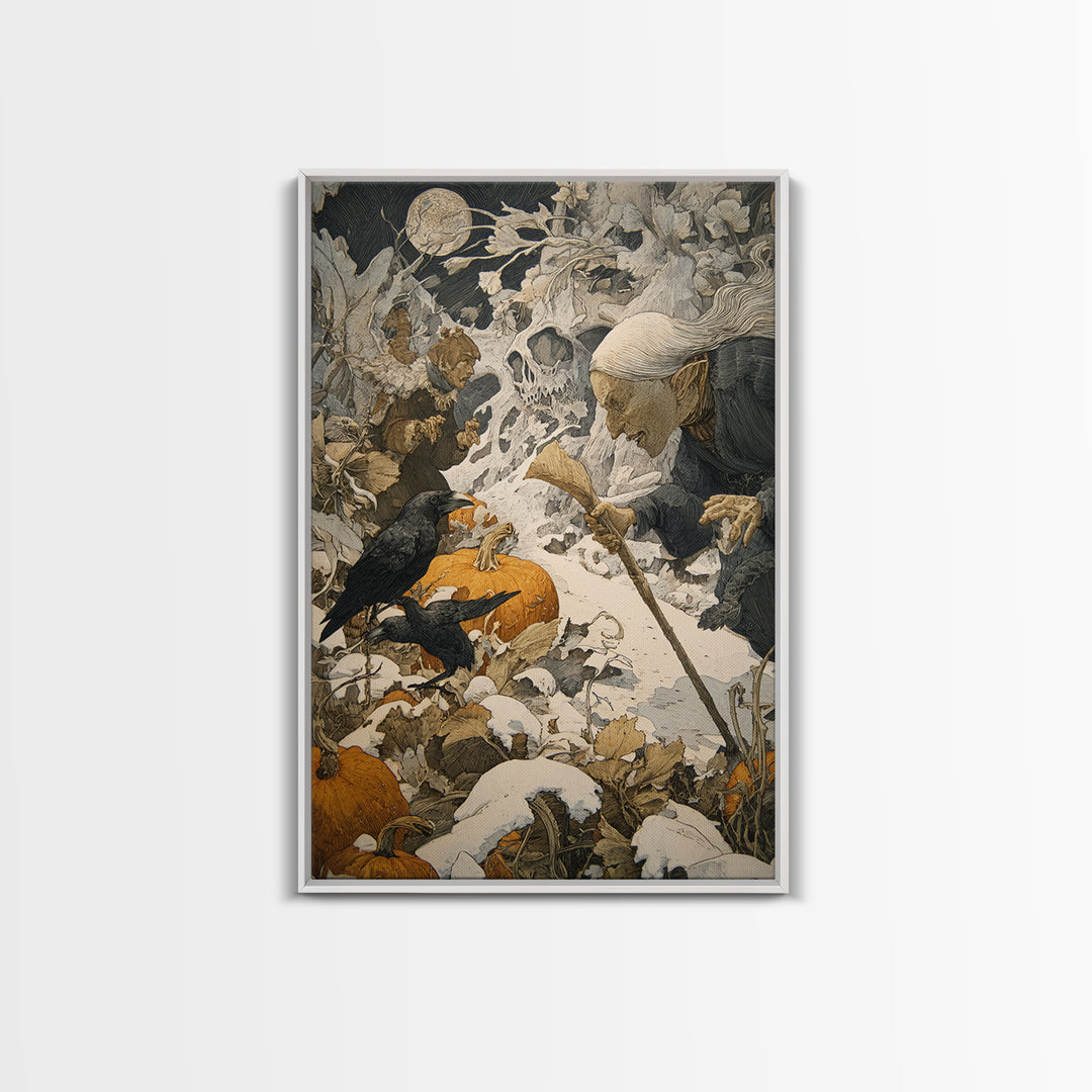 The First Frost Awakening, Symbolist Etching Art, Vertical Wall Art, Dark Fantasy Wall Art, Framed Canvas Print, Halloween Wall Art