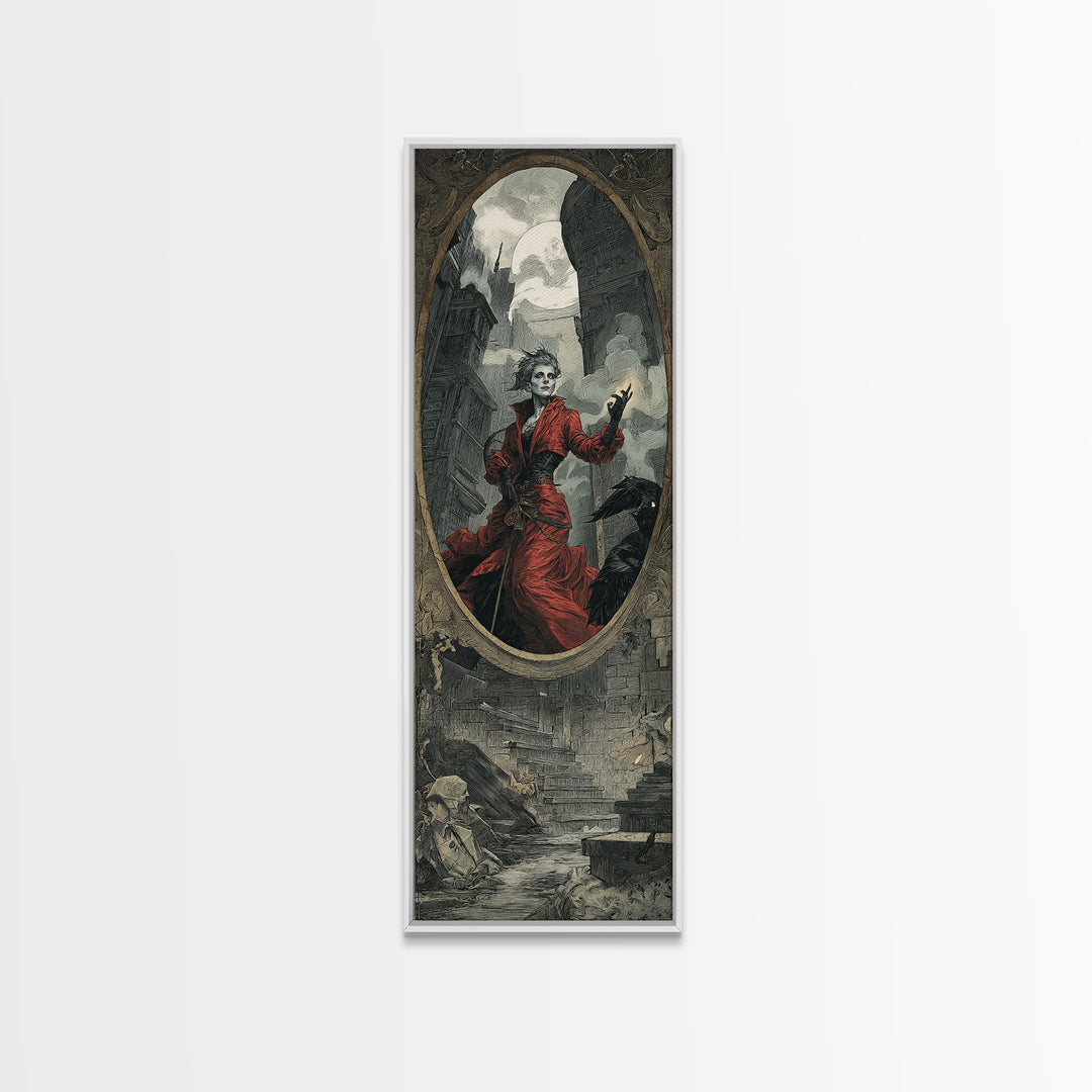 The Cursed Mirror, Architectural Etching Art, Tall Narrow Wall Art, Dark Fantasy Wall Art, Canvas Print, Halloween Wall Art