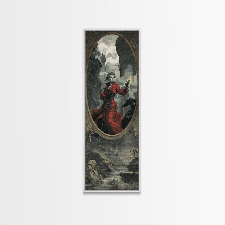 The Cursed Mirror, Architectural Etching Art, Tall Narrow Wall Art, Dark Fantasy Wall Art, Canvas Print, Halloween Wall Art