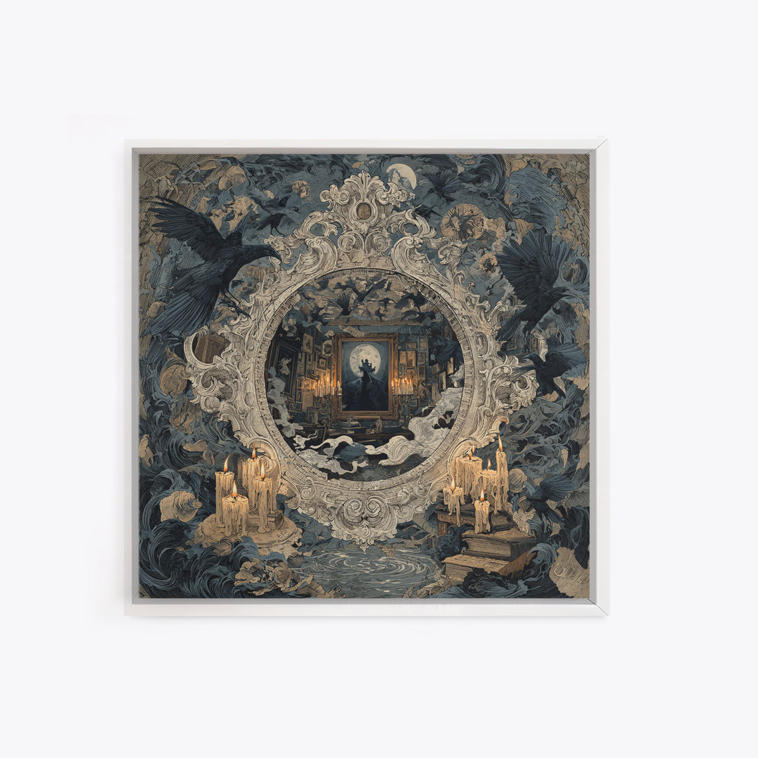 The Cursed Mirror, Symbolist Etching Art, Square Wall Art, Dark Fantasy Wall Art, Framed Canvas Print, Halloween Wall Art