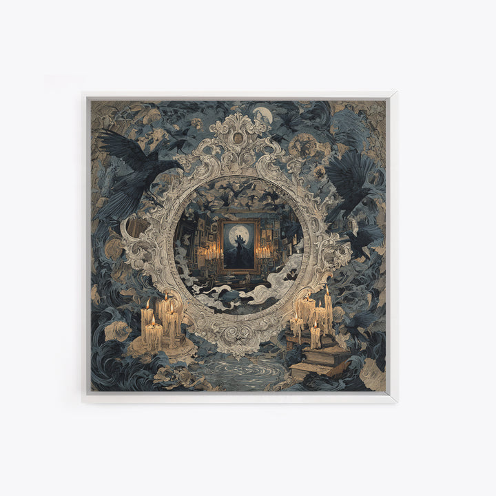 The Cursed Mirror, Symbolist Etching Art, Square Wall Art, Dark Fantasy Wall Art, Framed Canvas Print, Halloween Wall Art
