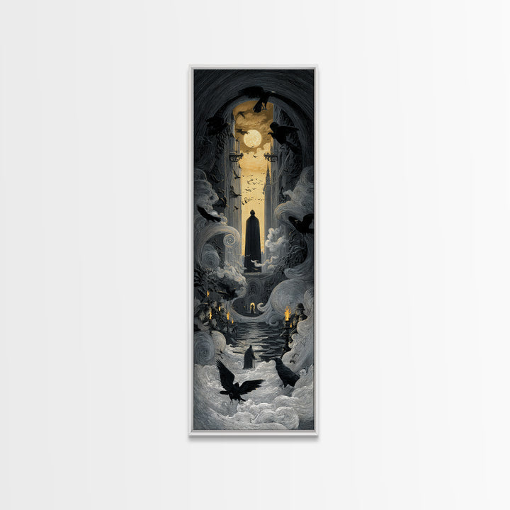 The Living Spellbook, Gothic Engraving Art, Tall Narrow Wall Art, Dark Fantasy Wall Art, Canvas Print, Halloween Wall Art