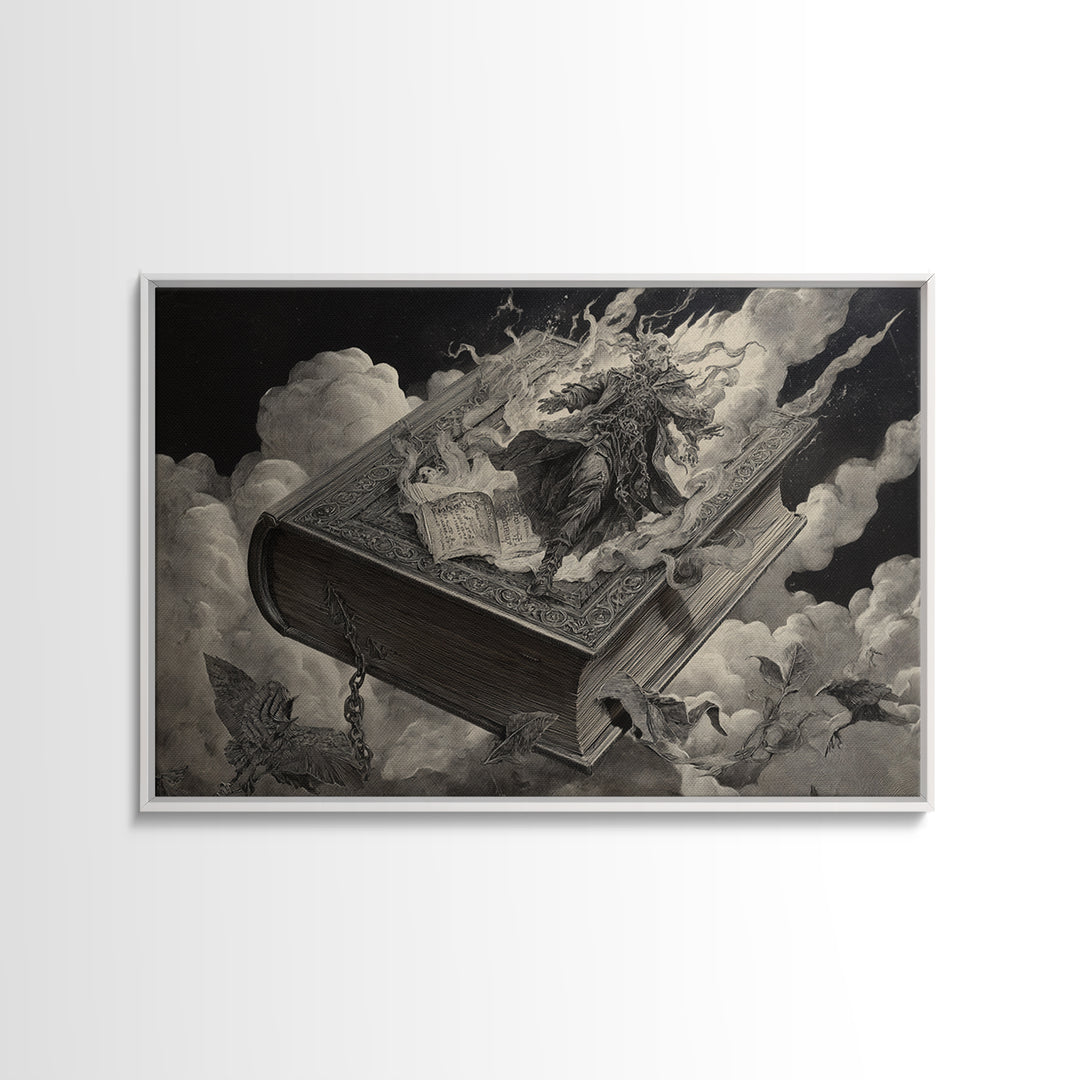 The Living Spellbook, Architectural Etching Art, Landscape Wall Art, Dark Fantasy Wall Art, Canvas Print, Halloween Wall Art