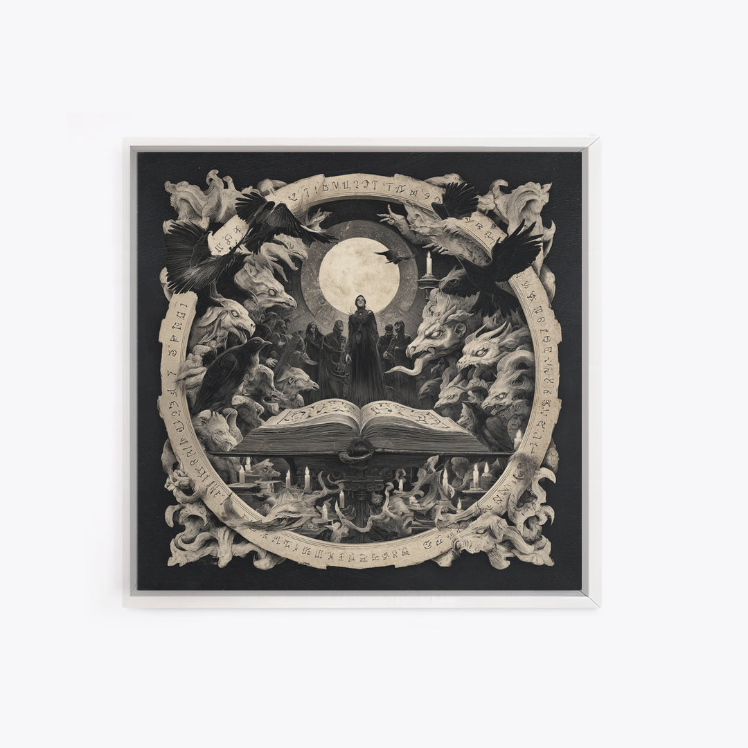 The Living Spellbook, Dark Symbolist Art, Square Wall Art, Dark Halloween Decor, Framed Canvas Print, Halloween Wall Art