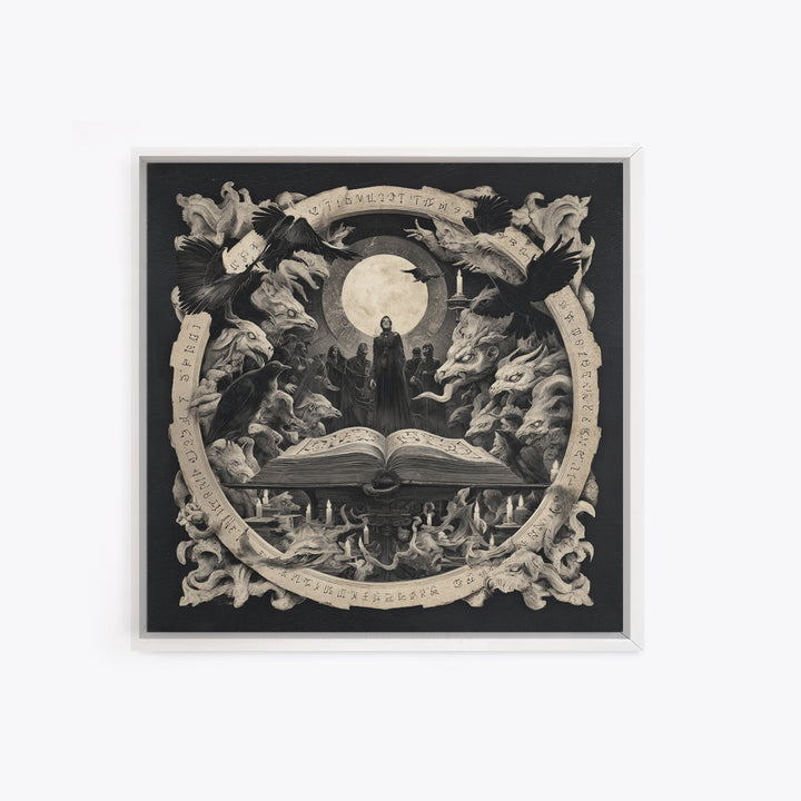 The Living Spellbook, Dark Symbolist Art, Square Wall Art, Dark Halloween Decor, Framed Canvas Print, Halloween Wall Art