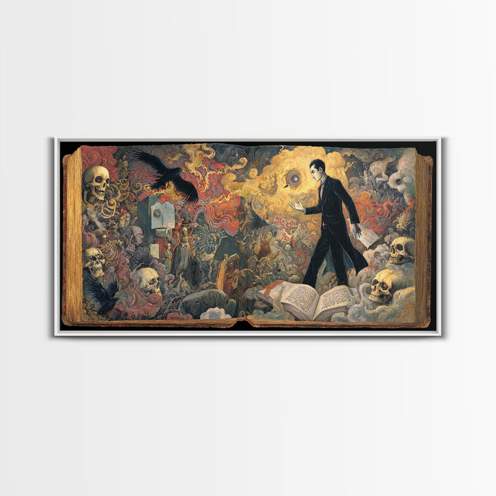The Living Spellbook, Grotesque Carnival Art, Wide Panoramic Art, Dark Halloween Decor, Framed Canvas Print, Halloween Wall Art