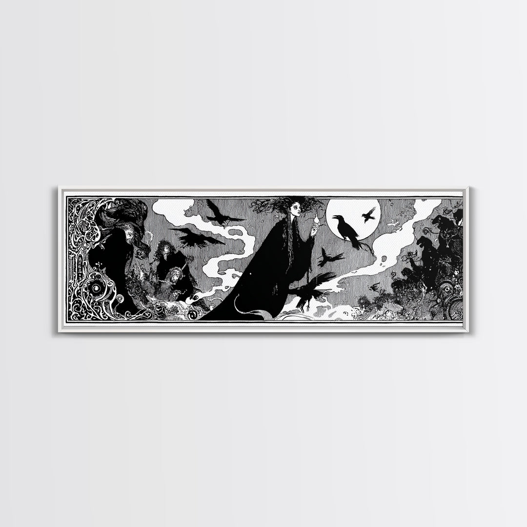 The Living Spellbook, Decadent Line Art, Extra Wide Wall Art, Dark Fantasy Wall Art, Canvas Print, Halloween Wall Art