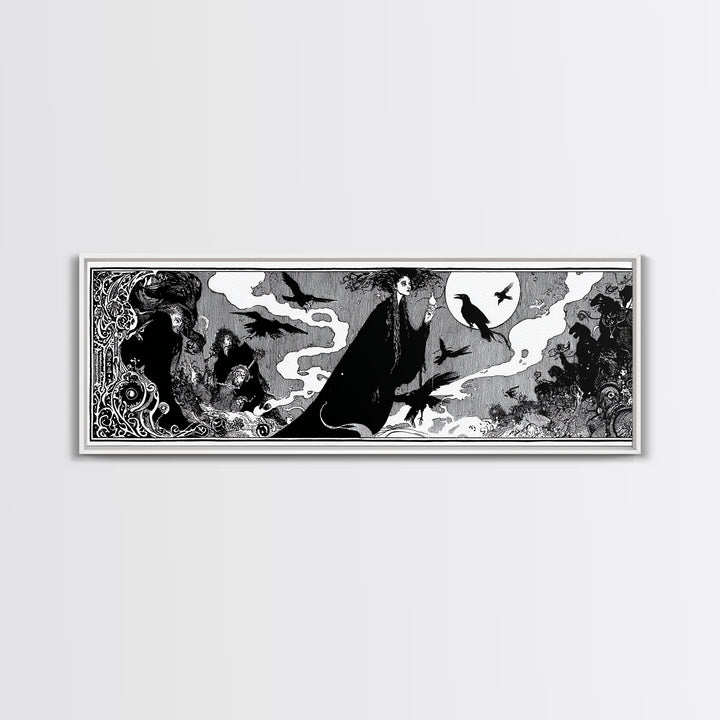 The Living Spellbook, Decadent Line Art, Extra Wide Wall Art, Dark Fantasy Wall Art, Canvas Print, Halloween Wall Art