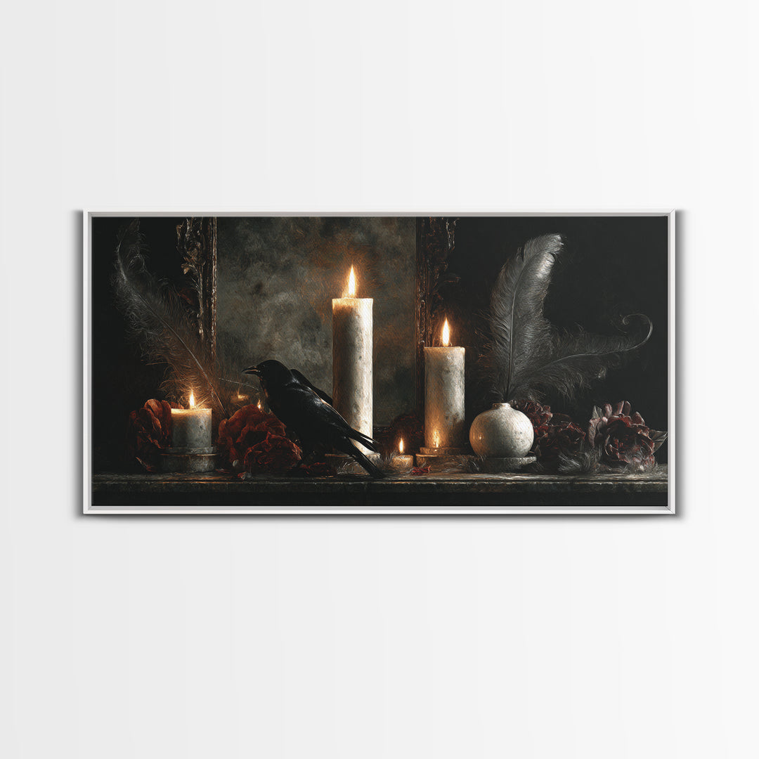 Candle Flame Reflecting Framed Canvas Print, Dark Art, Statement Artwork, Living Room Decor, Fine Art, Nocturne, Wall Decor, DAR-2x1-20