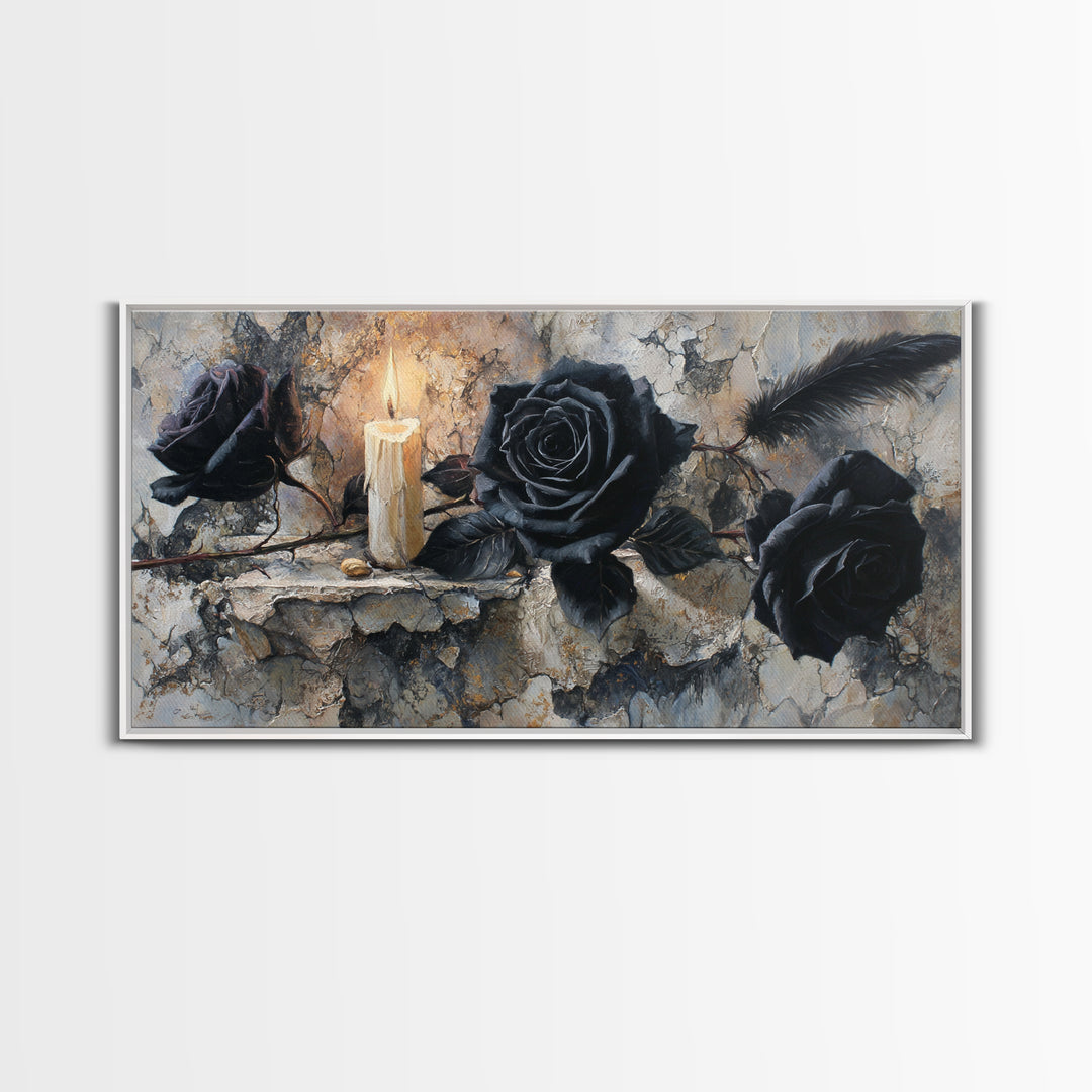 Black Roses Blooming from Cracked Stone Canvas Print, Dark Art, Textured Painting, Living Room Decor, Fine Art, Nocturne, DAR-2x1-22