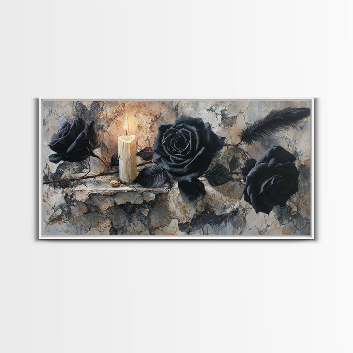 Black Roses Blooming from Cracked Stone Canvas Print, Dark Art, Textured Painting, Living Room Decor, Fine Art, Nocturne, DAR-2x1-22