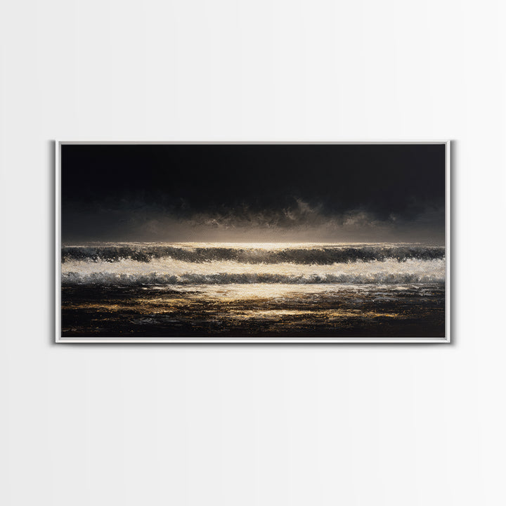 Stormy Sea under a Nearly Black Sky Framed Canvas Print, Dark Art, Digital Art, Living Room Decor, Fine Art, Nocturne, DAR-2x1-25