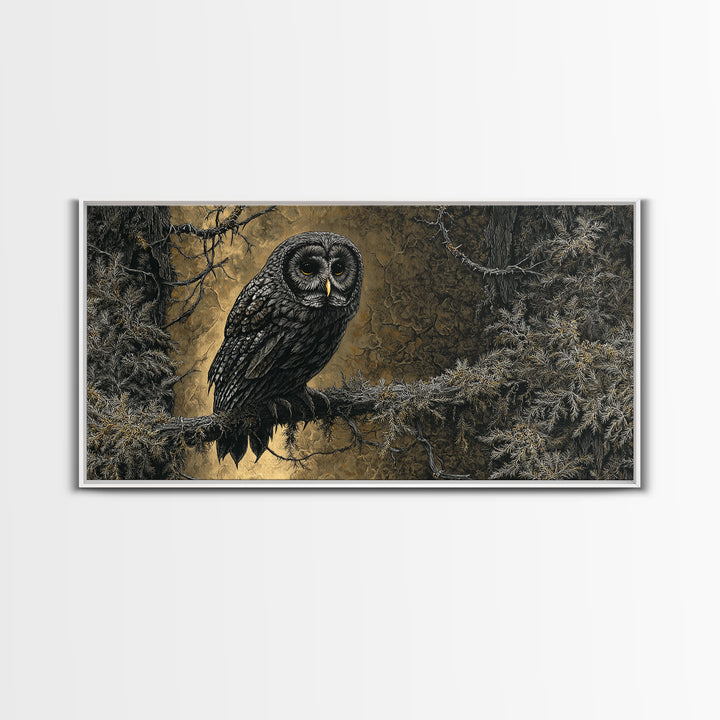 Owl in a Midnight Pine Forest Framed Canvas Print, Dark Art, Room Decor, Living Room Decor, Fine Art, Nocturne, Digital Art, DAR-2x1-42