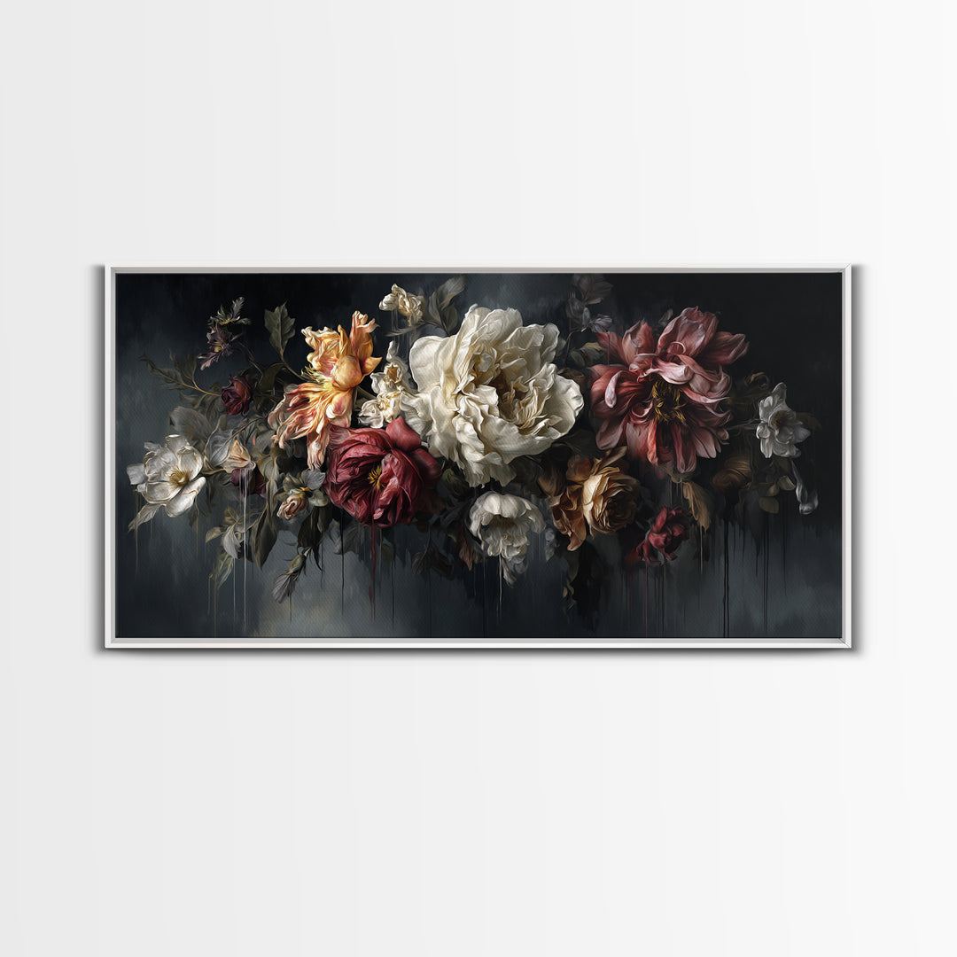 Dark Floral Bouquet Canvas Print, Dark Art, Oil Painting, Living Room Decor, Nocturne, Gothic Wall Decor, Man Cave Decor, DAR-2x1-61