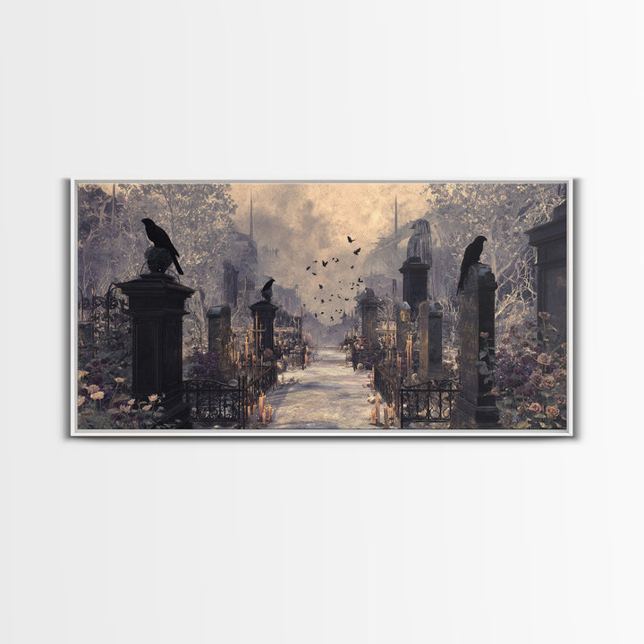 Silent Graveyard with Blue Moon Haze Canvas Print, Dark Art, Wall Art, Living Room Decor, Oil Painting, Nocturne, Original Art, DAR-2x1-62