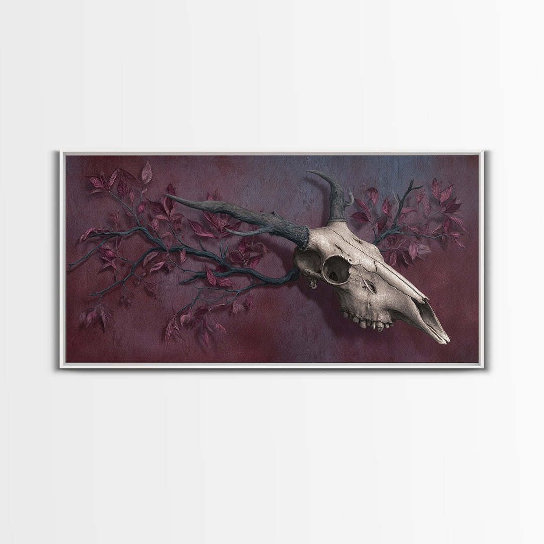 Shadowy Deer Skull Framed Canvas Print, Dark Art, Painting, Living Room Decor, Watercolor Art, Nocturne, Gothic Wall Art, DAR-2x1-7