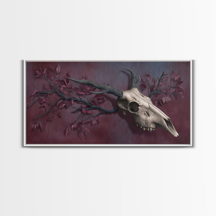 Shadowy Deer Skull Framed Canvas Print, Dark Art, Painting, Living Room Decor, Watercolor Art, Nocturne, Gothic Wall Art, DAR-2x1-7