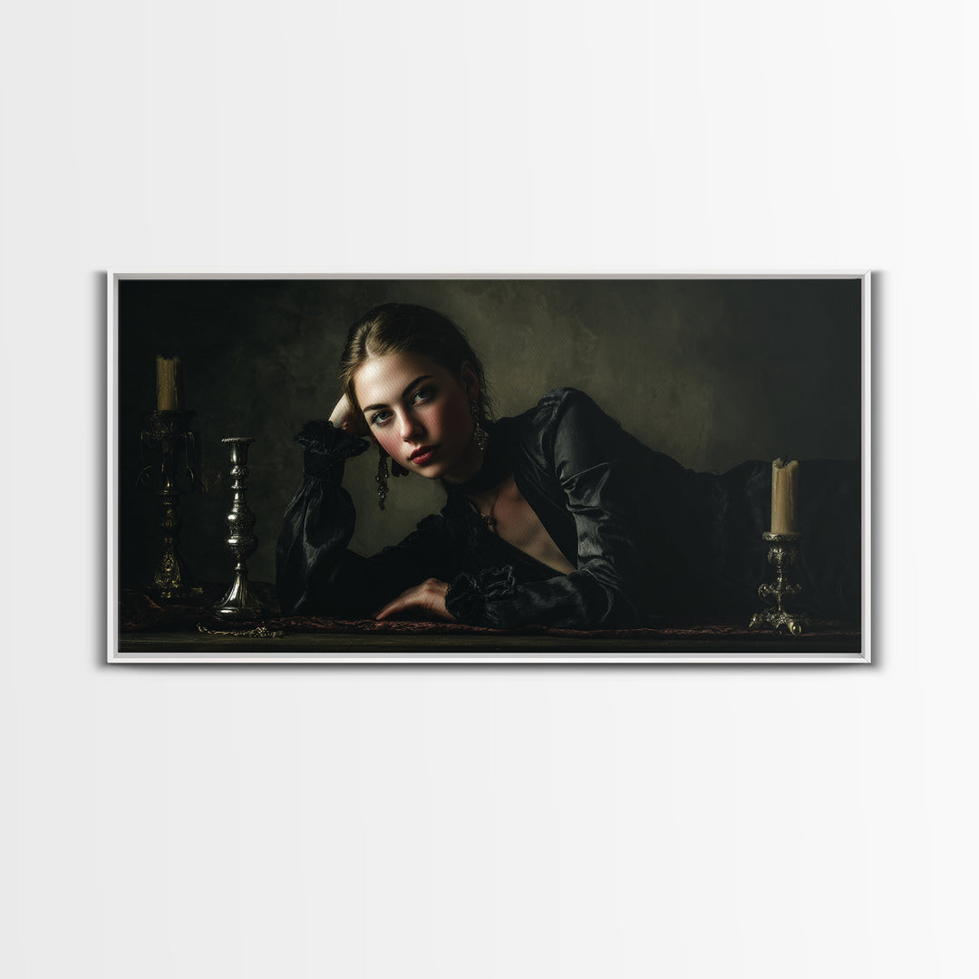 Vampire Inspired Portrait with Pale Dramatic Light Framed Canvas Print, Dark Art, Goth Decor, Living Room Decor, Nocturne, DAR-2x1-81