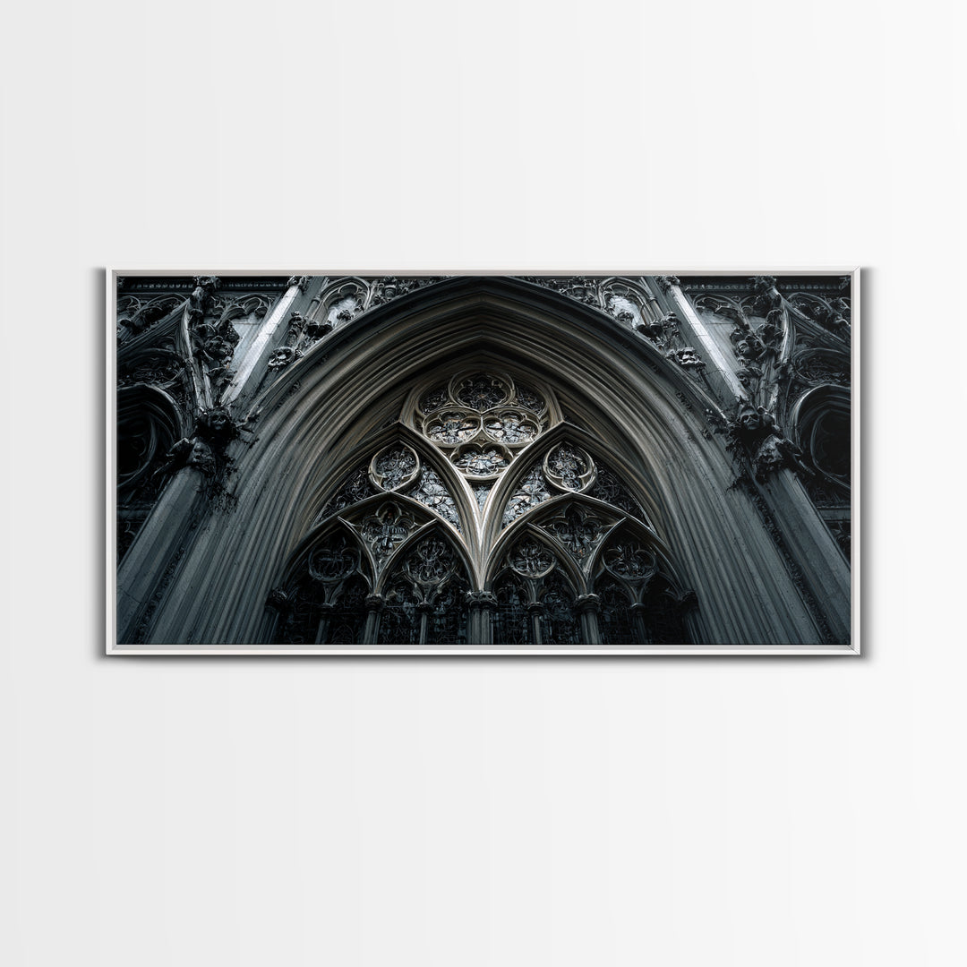 Gothic Cathedral Window Framed Canvas Print, Dark Art, Moody Wall Art, Living Room Decor, Fine Art, Nocturne, Gallery Decor, DAR-2x1-84