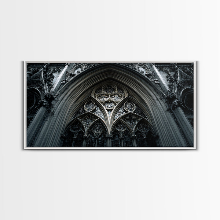 Gothic Cathedral Window Framed Canvas Print, Dark Art, Moody Wall Art, Living Room Decor, Fine Art, Nocturne, Gallery Decor, DAR-2x1-84