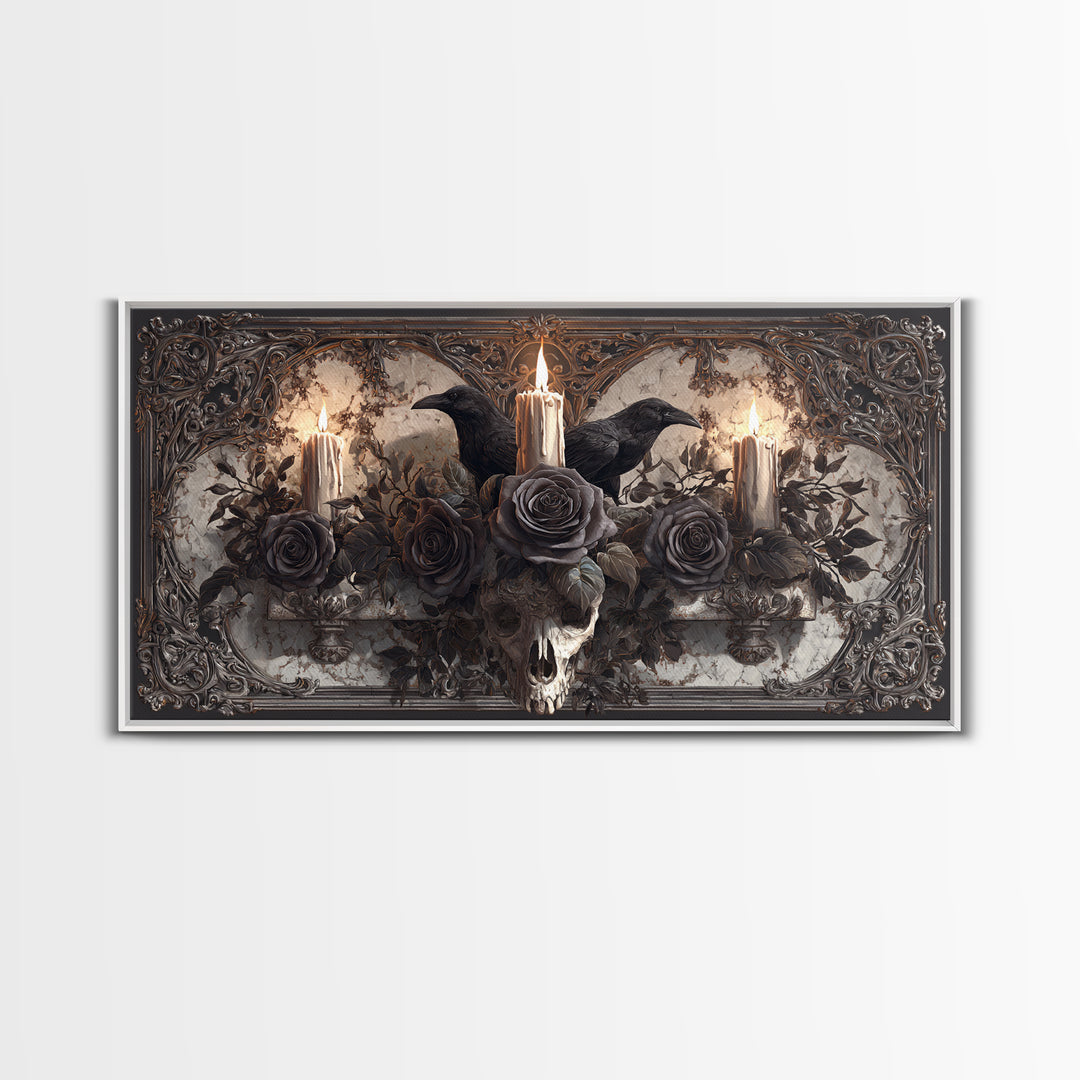 Black Roses Blooming from Cracked Stone Canvas Print, Dark Art, Digital Art, Living Room Decor, Nocturne, Unique Wall Decor, DAR-2x1-94