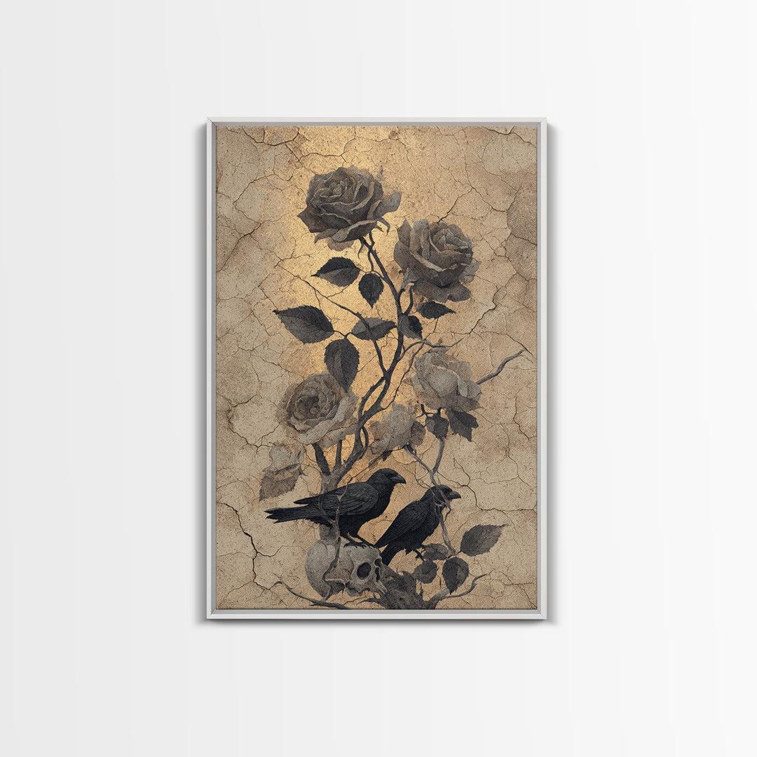 Black Roses Blooming from Cracked Stone Framed Canvas Print, Dark Art, Painting, Living Room Decor, Fine Art, Nocturne, DAR-2x3-34
