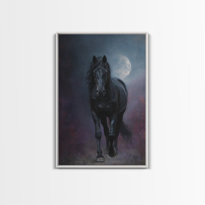 Black Horse Emerging from Smoke Framed Canvas Print, Dark Art, Living Room Decor, Oil Painting, Nocturne, Halloween Art, DAR-2x3-51