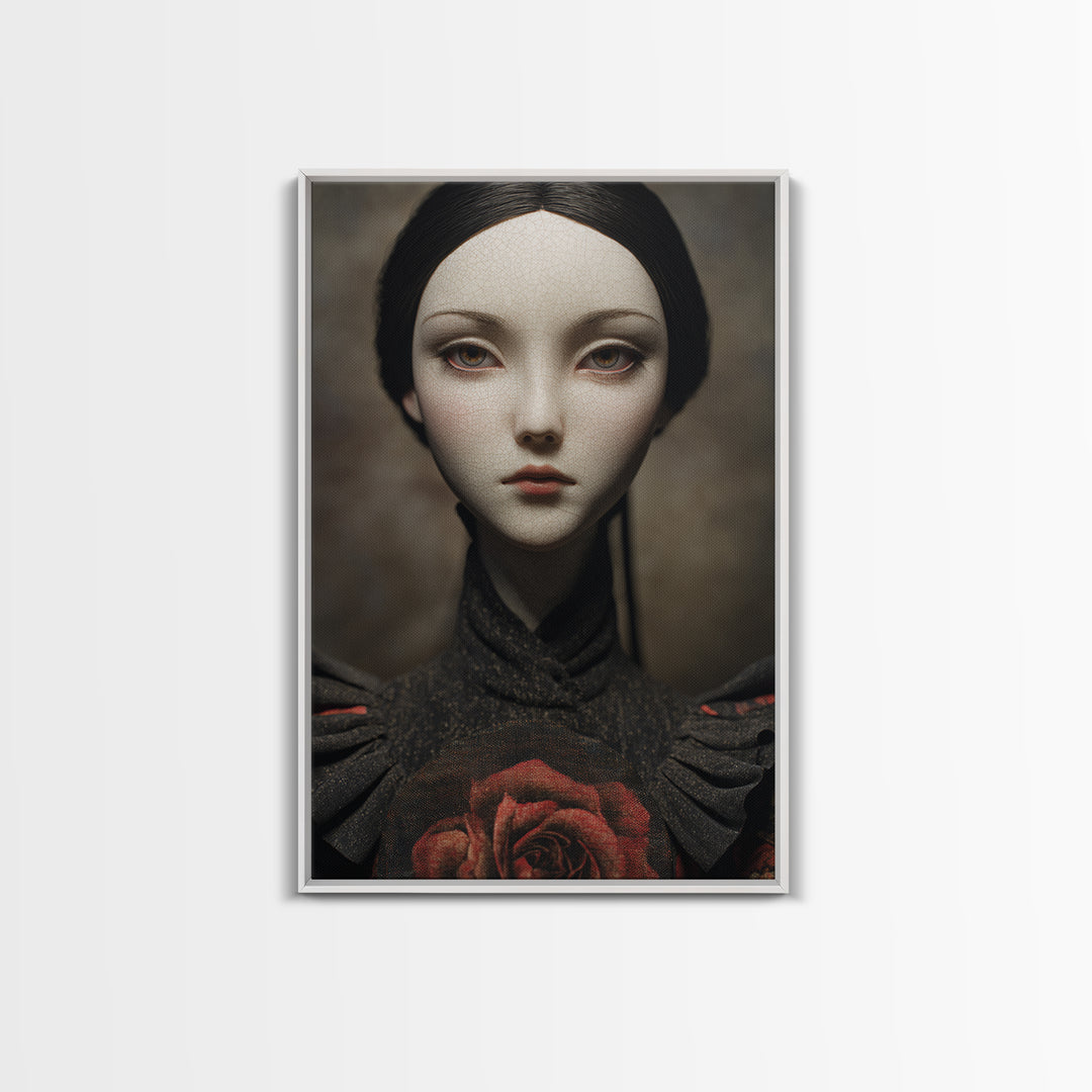 Cracked Porcelain Doll Portrait Framed Canvas Print, Dark Art, Digital Art, Living Room Decor, Nocturne, Unique Wall Decor, DAR-2x3-55