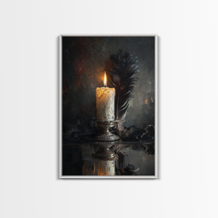 Candle Flame Reflecting Framed Canvas Print, Dark Art, Living Room Decor, Abstract Art, Nocturne, Dark Academia, DAR-2x3-56