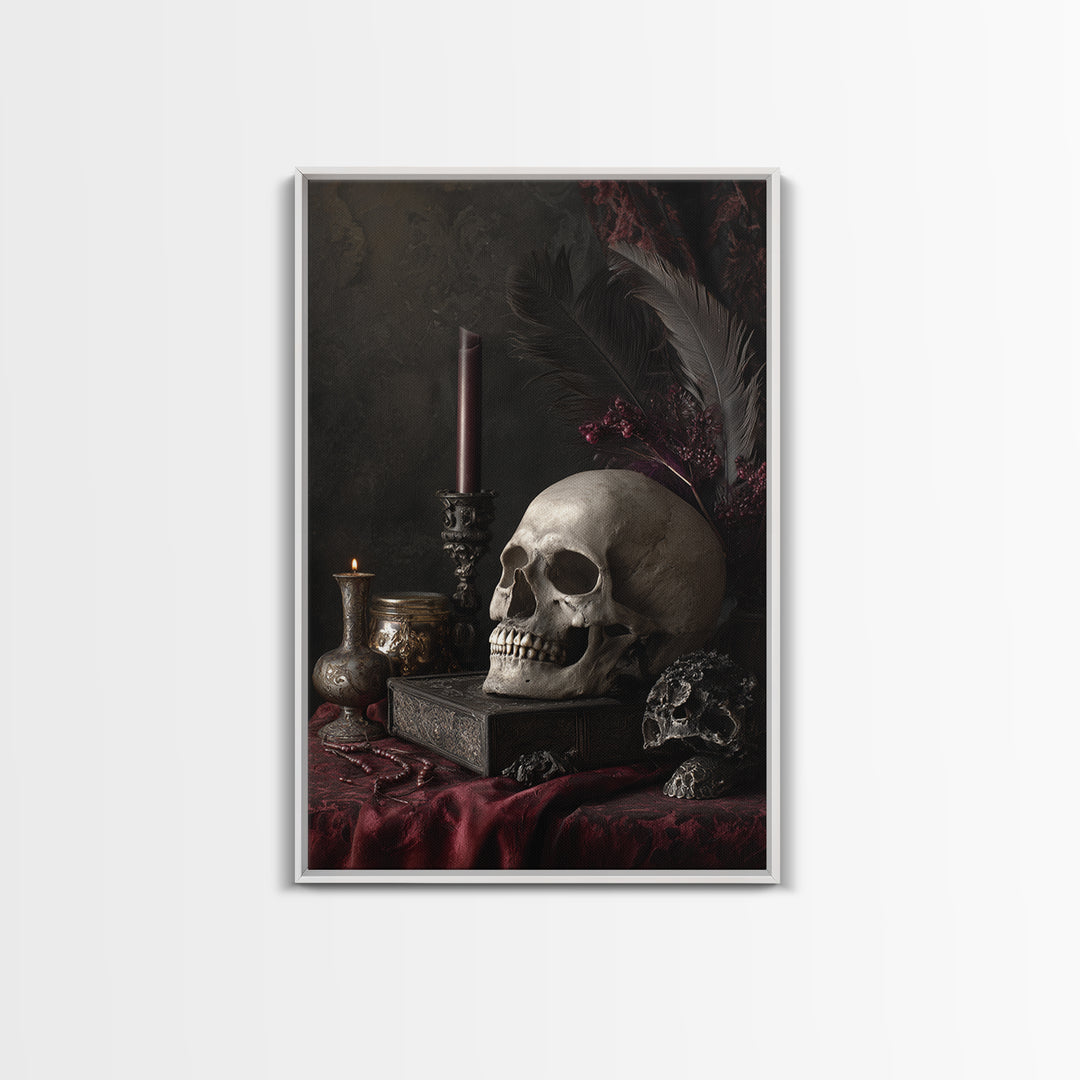 Baroque Skull and Red Velvet Vanitas Canvas Print, Dark Art, Living Room Decor, Oil Painting, Nocturne, Halloween Art, DAR-2x3-66
