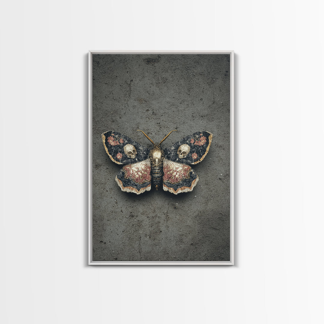 Moth with Skull Pattern on Black Ground Canvas Print, Dark Art, Gothic Wall Art, Living Room Decor, Fine Art, Nocturne, DAR-2x3-71