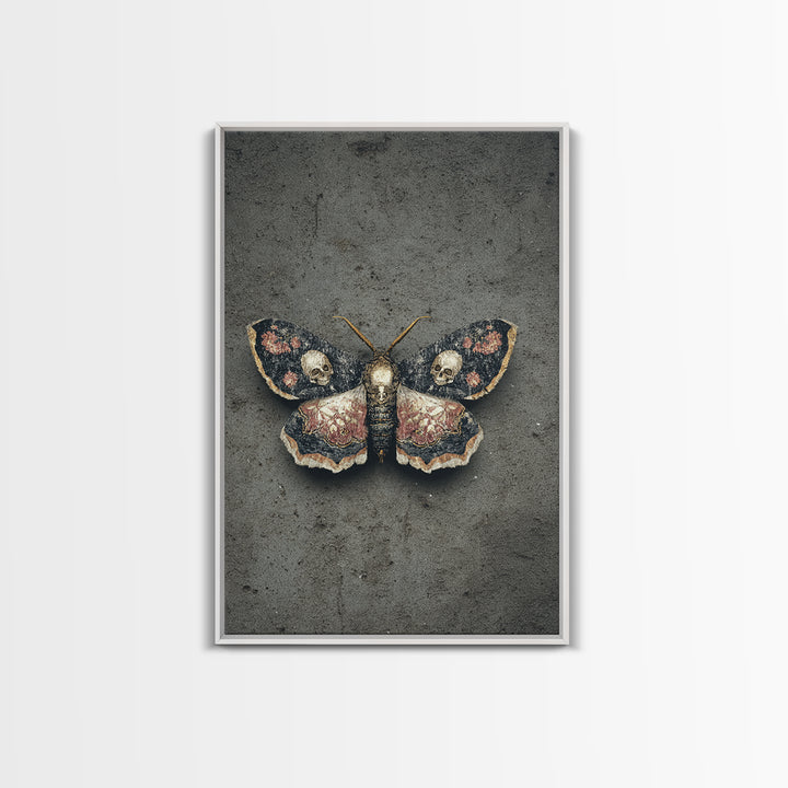 Moth with Skull Pattern on Black Ground Canvas Print, Dark Art, Gothic Wall Art, Living Room Decor, Fine Art, Nocturne, DAR-2x3-71