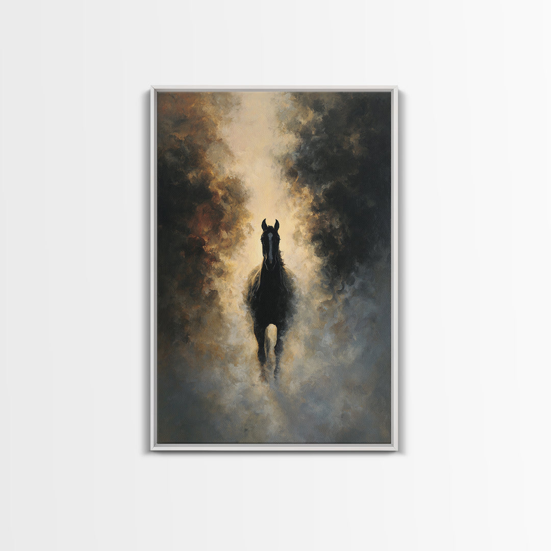 Black Horse Emerging from Smoke Framed Canvas Print, Dark Art, Moody Wall Art, Living Room Decor, Fine Art, Nocturne, DAR-2x3-75