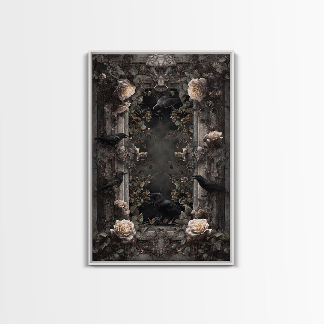Black Roses Blooming from Cracked Stone Canvas Print, Dark Art, Oil Painting, Living Room Decor, Nocturne, Gothic Wall Decor, DAR-2x3-82