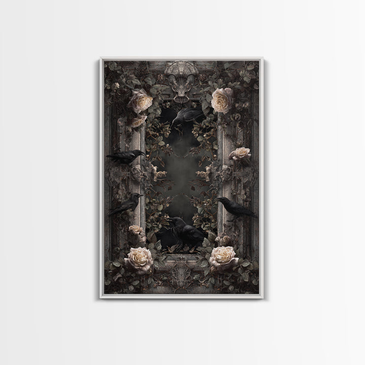 Black Roses Blooming from Cracked Stone Canvas Print, Dark Art, Oil Painting, Living Room Decor, Nocturne, Gothic Wall Decor, DAR-2x3-82
