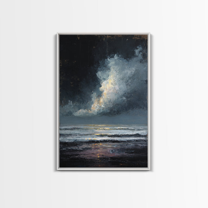 Stormy Sea under a Nearly Black Sky Framed Canvas Print, Dark Art, Horror Decor, Living Room Decor, Fine Art, Nocturne, DAR-2x3-85