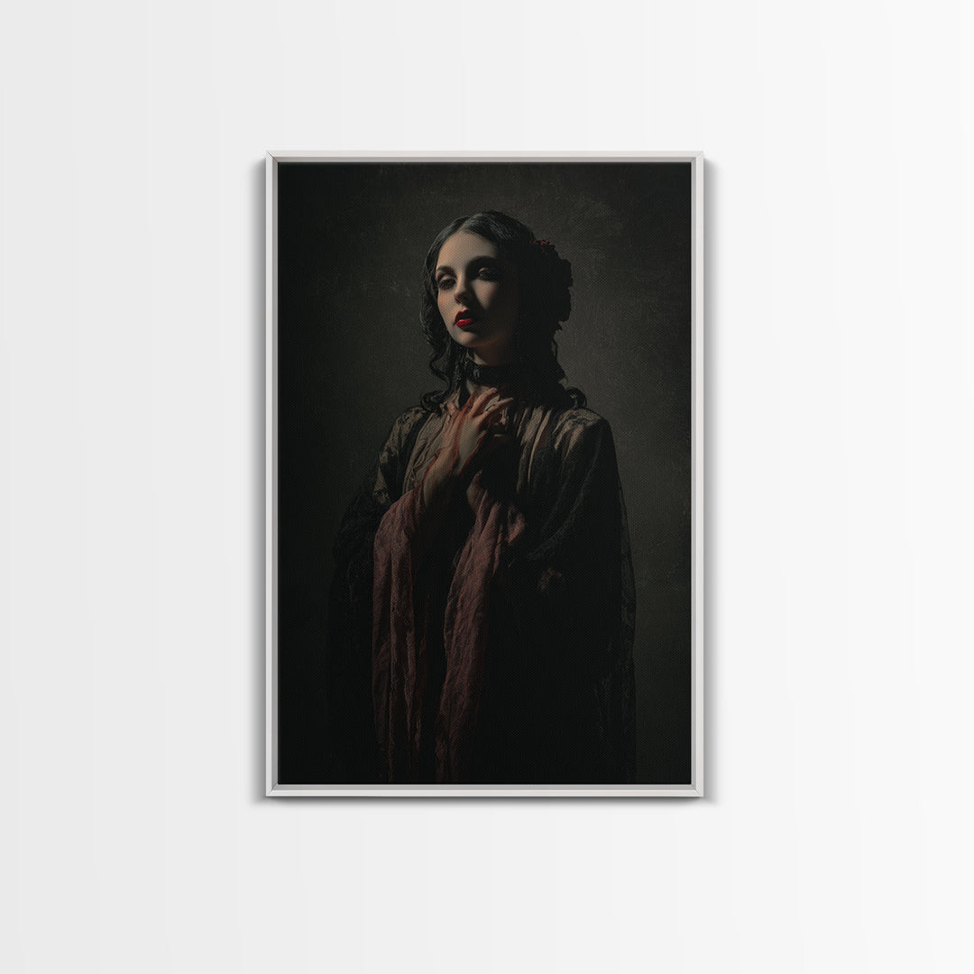 Vampire Inspired Portrait with Pale Dramatic Light Framed Canvas Print, Dark Art, Moody Wall Art, Living Room Decor, Nocturne, DAR-2x3-93
