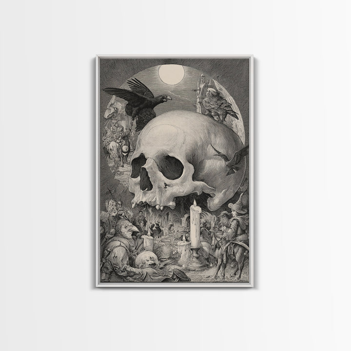 The Talking Skull, Renaissance Engraving Art, Vertical Wall Art, Dark Fantasy Wall Art, Canvas Print, Halloween Wall Art