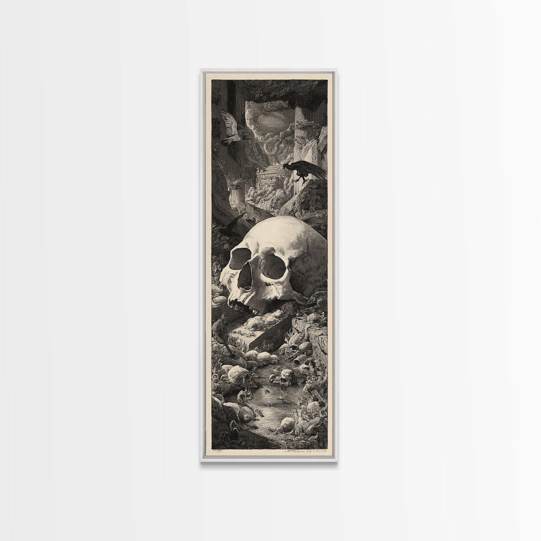 The Talking Skull, Architectural Etching Art, Tall Narrow Wall Art, Dark Fantasy Wall Art, Framed Canvas Print